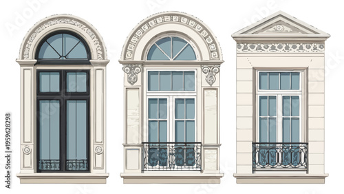 Collection of modern building facade window elements with ornate details and balconies