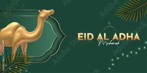 Eid al Adha Horizontal Banner Template with 3D Golden Camel Illustration in Green Background