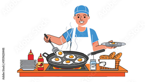 Culinary Artisan at Work: A skilled cook meticulously prepares a delectable breakfast of sunny-side-up eggs, embodying the essence of fresh, culinary expertise.