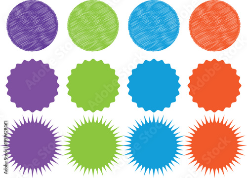 Modern Set of Sunburst Sticker Shapes with Zigzag Borders and Rounded Starburst Circles, Including Decorative Star and Circle Silhouettes Perfect for Scribed brush use elements