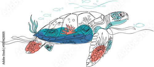 Minimalist Single Line Art of Sea Turtle Swimming with Coral Reef and Ocean Waves, Modern Continuous Line Drawing for Marine Conservation and Eco-Friendly Design