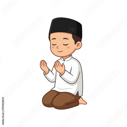 Cartoon illustration of a praying boy in traditional attire with cap and shirt against plain white background, viewed frontally