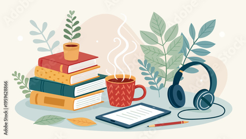 Cozy reading nook with books coffee tablet and headphones for relaxation and leisure activities at home indoors