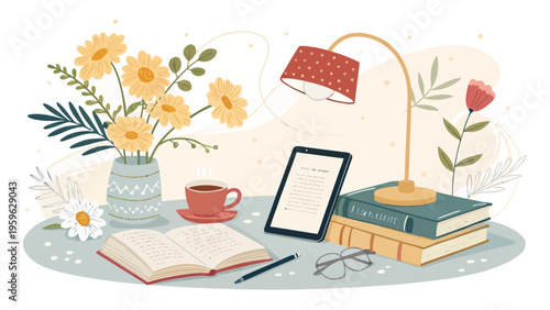 Cozy study space with books flowers and e reader on a table with a lamp and cup of coffee