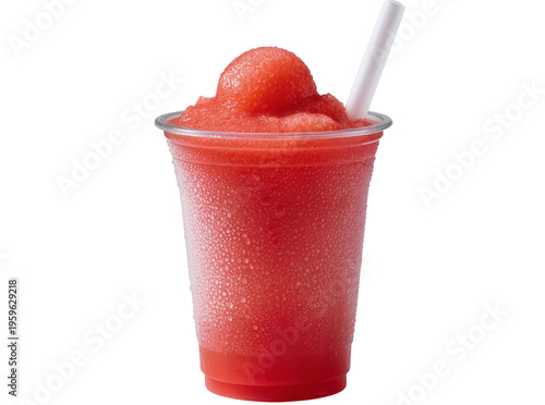 Foto Refreshing red slushie in a clear plastic cup with a white straw, featuring cond