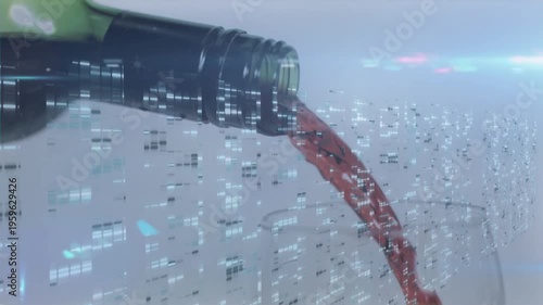 Animation of blinking lights of data processing over red wine pouring from bottle