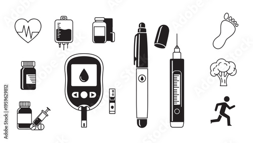 Diabetes Monitoring Equipment Set with Glucometer Insulin Pen and Medical Tools for Healthcare Management Vector Illustration