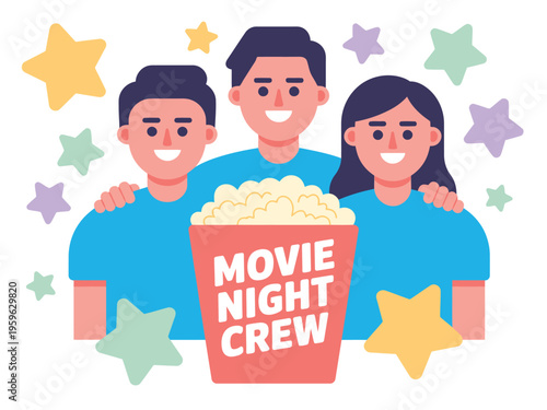 Movie night crew with popcorn and stars isolated on white background