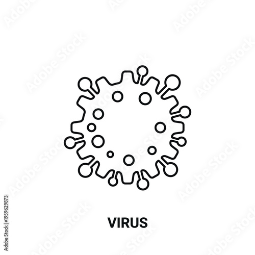 Detailed illustration of a virus with protruding spikes on its surface depicted in black lines on a white background symbolizing a microscopic pathogen