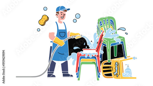 Cleaning Day: A man in a blue apron and cap meticulously cleans a stack of colorful chairs, ensuring each surface gleams with freshness. 
