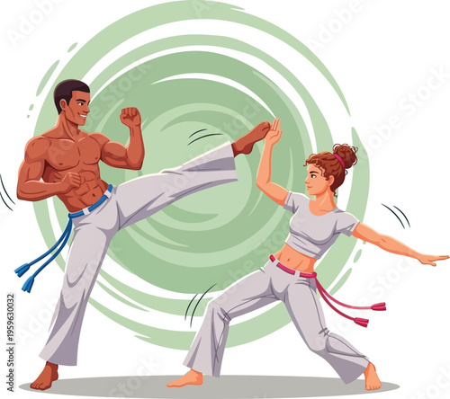 Capoeira Martial Arts Couple Fighting Scene, Capoeira Male and Female Players Practicing, Brazilian Dance Combat Vector Illustration