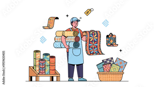 Artisan Rug Display: A dedicated artisan stands proudly amidst a colorful display of handcrafted rugs, showcasing the vibrant patterns and textures of their creations. 