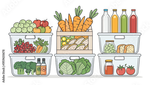 Fresh produce and grocery containers with fruits vegetables bread and drinks on white background for healthy eating and meal prep
