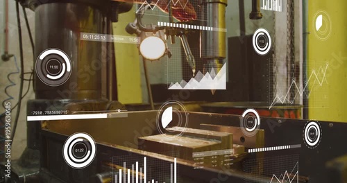 Animation of graphs and loading circles, caucasian mechanic turning off water falling from machinery