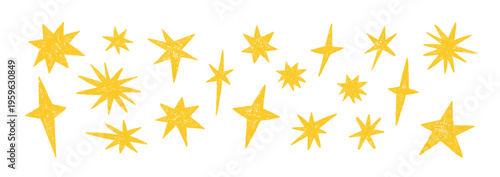Hand-drawn star doodles with pastel crayon textures. Playful scribble artwork featuring sparkling asterisks, perfect for festive greeting cards. Yellow vector illustration.