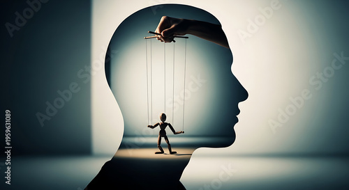 Conceptual image of manipulation and control represented by a puppet controlled by strings inside a human head silhouette