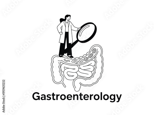A doctor in a lab coat examining a magnified view of the human intestines for gastroenterology
