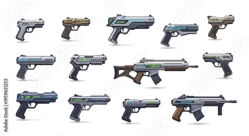 Collection of diverse futuristic firearms, including advanced pistols, rifles, and submachine guns with modern sci-fi aesthetics, ideal for game development assets