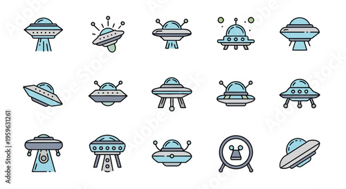 Collection of various flying saucer and UFO icons, representing alien spacecraft and extraterrestrial travel