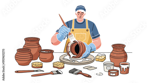 The Art of Pottery: A skilled artisan meticulously paints a clay pot, surrounded by an array of tools and finished pottery, showcasing the precision and artistry involved in ceramics.