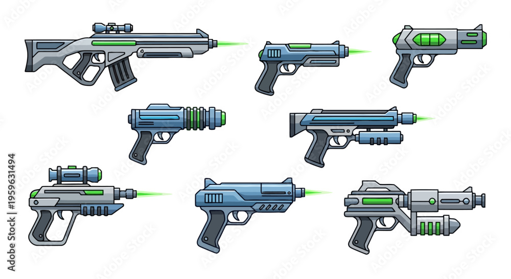 Naklejka premium Collection of futuristic laser ray guns, science fiction weapons, and advanced blaster firearms for sci-fi games and artwork