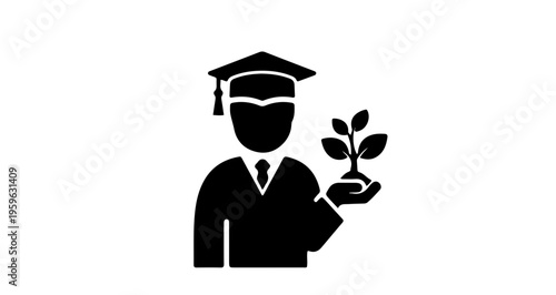 Graduate holding plant seedling with a sense of purpose on a minimalist background
