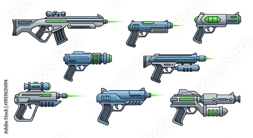Collection of futuristic laser ray guns, science fiction weapons, and advanced blaster firearms for sci-fi games and artwork