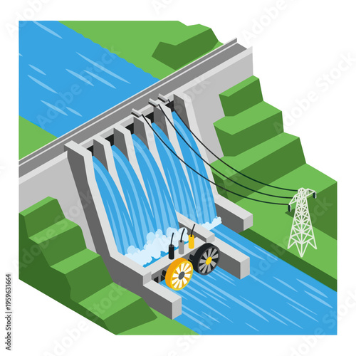 Hydroelectric Dam Generating Power with Turbines and Transmission Lines.