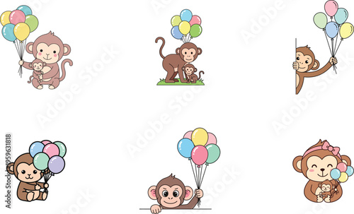 Monkeys with colorful balloons illustrations