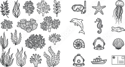 Hand-Drawn Underwater Life and Scuba Diving Icons Set with Coral, Fish, Marine Animals, and Diving Equipment