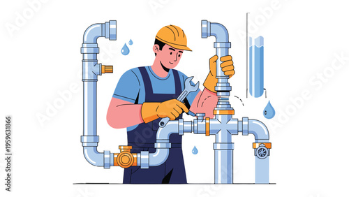 Precision in Plumbing: A skilled plumber, expertly handling tools and equipment, meticulously repairs a complex network of pipes, ensuring the smooth flow of essential services.