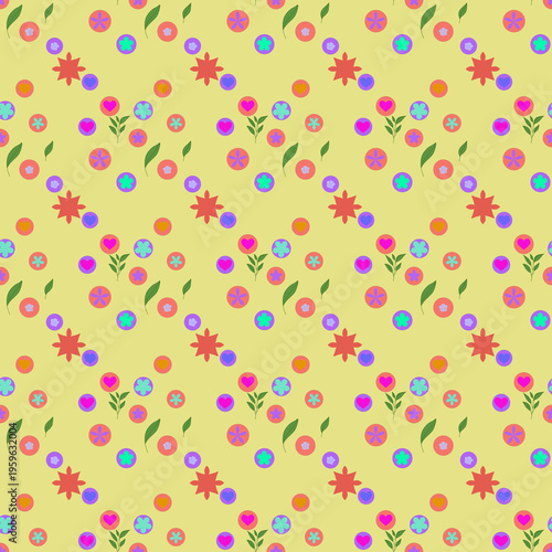 Cute Colorful Floral and Heart Seamless Pattern on Pastel Background, Playful Ditsy Flowers with Leaves, Fun Repeating Design for Fabric, Kids Textile, Wallpaper and Wrapping Paper