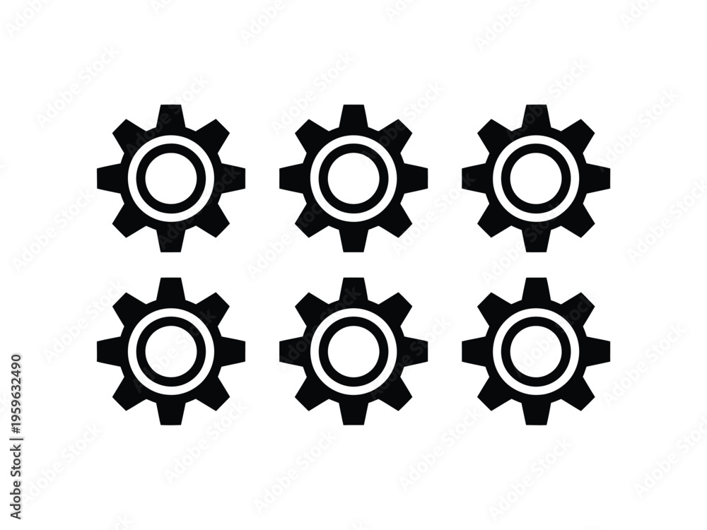Fototapeta premium Six black gear icons with white details on a white background