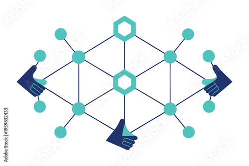 Wireframe hands connected through blockchain