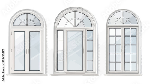 Modern architectural window collection with arched tops and various glass pane designs for building plans and home renovation projects