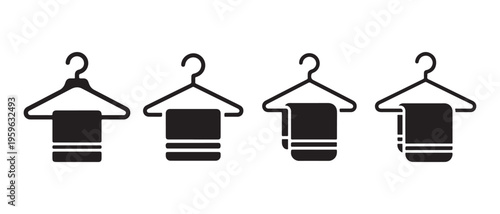 Minimalist black icons of clothes hangers with folded towels on white, for laundry, garment care, or hotel bathroom services.