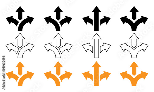 Billede på lærred Set of black and orange multi directional arrow icons representing path choice s
