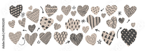 Hand-drawn heart collage with paper textures, torn sticker shapes, and crayon strokes. Vector cutout hearts in vintage scrapbook style. Vintage vector illustration.