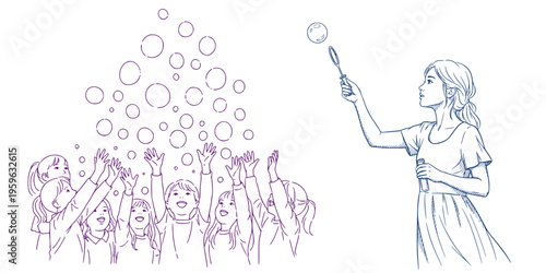 Children playing with soap bubbles and having fun in a vector set: Young girl blowing bubbles while children reach out for them  