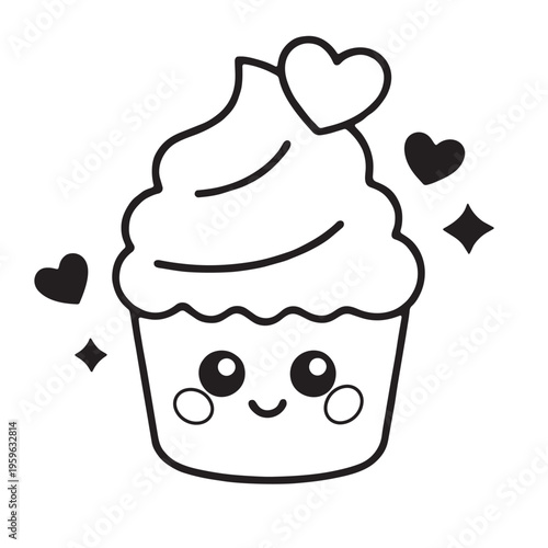 Cute cupcake kawaii heart sweet dessert happy cartoon black and white