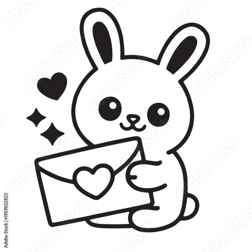 Cute rabbit cartoon envelope heart love happy animal black and white