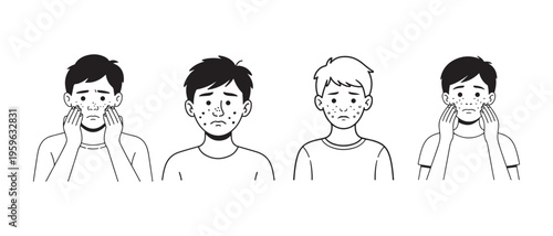 Line art of young men with acne skin problems and jaw pain, depicting dermatological discomfort and self-care.