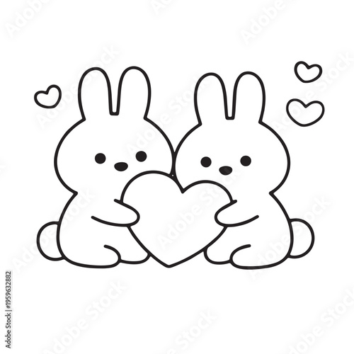 Two cute cartoon rabbits holding heart, surrounded by small hearts, simple line drawing