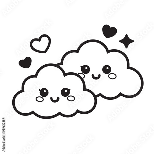Cute cloud cartoon kawaii happy love heart smiling black and white illustration