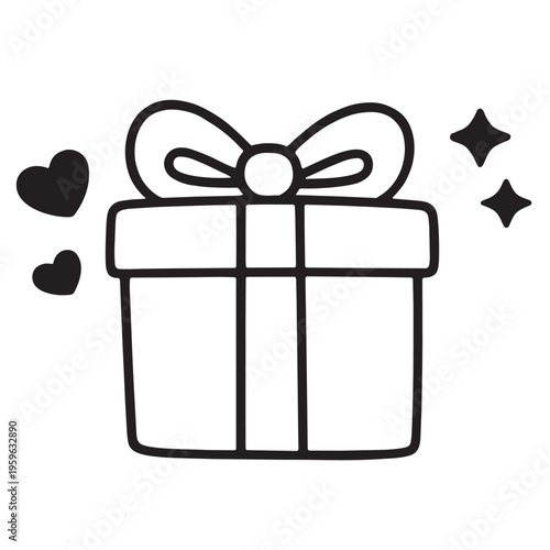 Gift box ribbon bow heart sparkle outline simple black and white cheerful