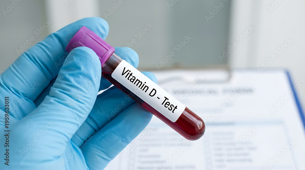 Fototapeta premium Gloved hand holding a blood sample labeled Vitamin D Test with a blurred medical document in the background.