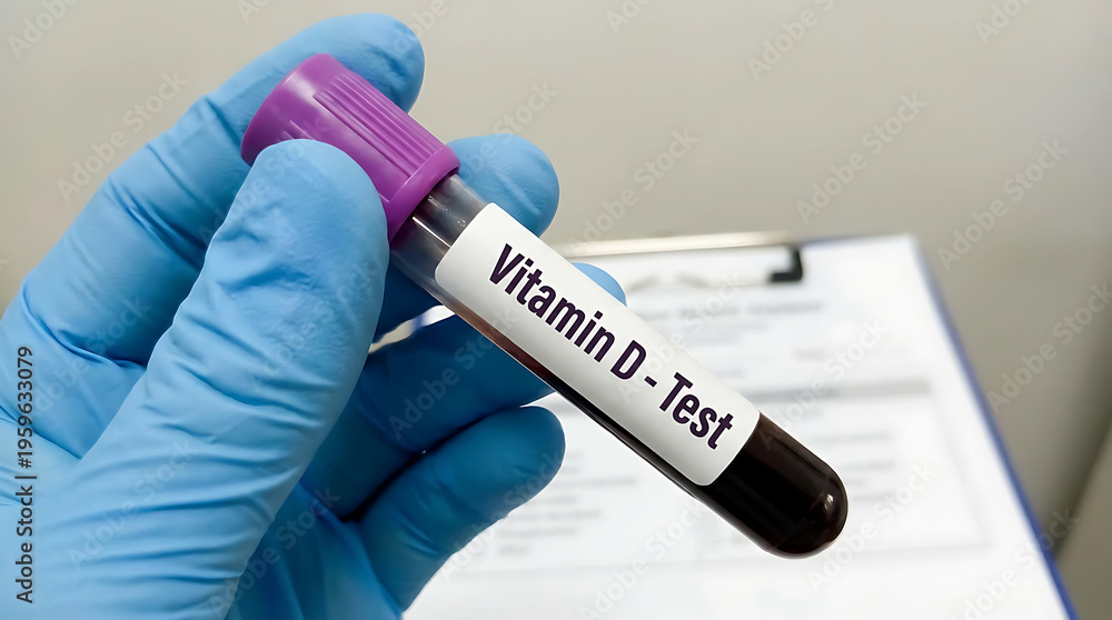 Fototapeta premium Gloved hand holding a blood sample tube labeled Vitamin D Test with a clipboard in the background.
