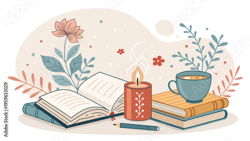 Cozy reading nook with books candle and coffee in a serene floral setting for relaxation and leisure activities
