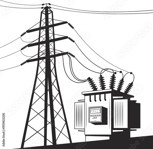 Vector illustration of electrical transmission tower and transformer with insulators, cables, and power lines representing energy distribution infrastructure system