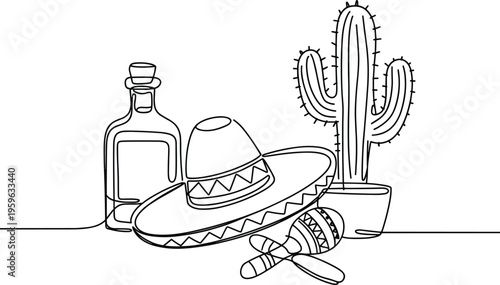 Mexican Fiesta Elements: Sombrero Tequila Bottle Cactus Maracas Line Art Style